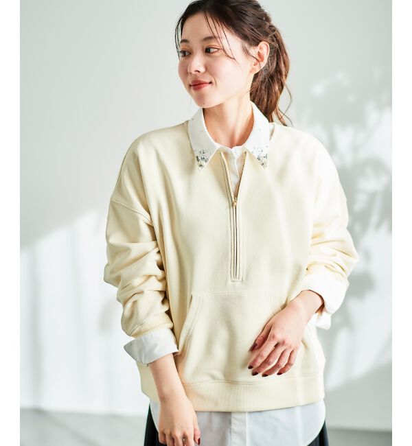  「ハーフジップノーカラースウェット」|スウェット・ジャージ|アイボリー