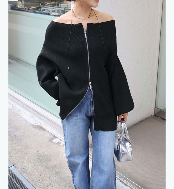 titivate「ダブルファスナーオーバーサイズニットプルオーバー」|ニット・セーター|ブラック