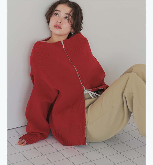 titivate「ダブルファスナーオーバーサイズニットプルオーバー」|ニット・セーター|レッド