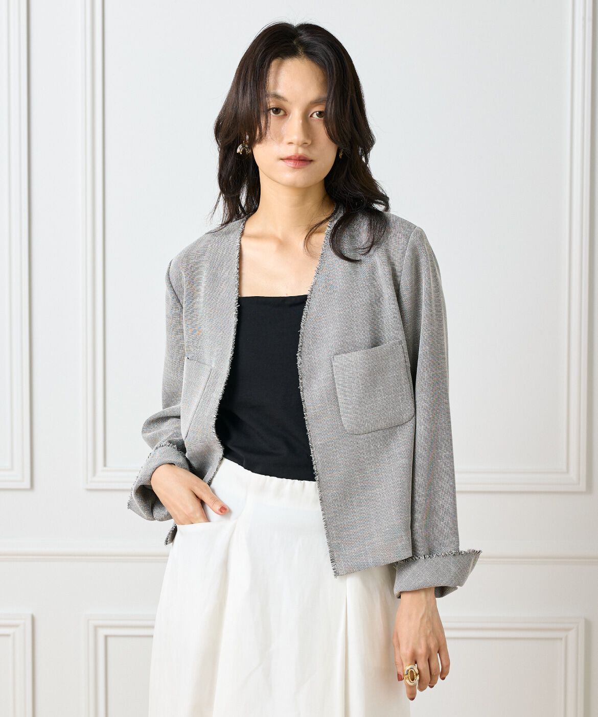 INED「《大きいサイズ》カラミジャケット」|ノーカラージャケット|グレー1