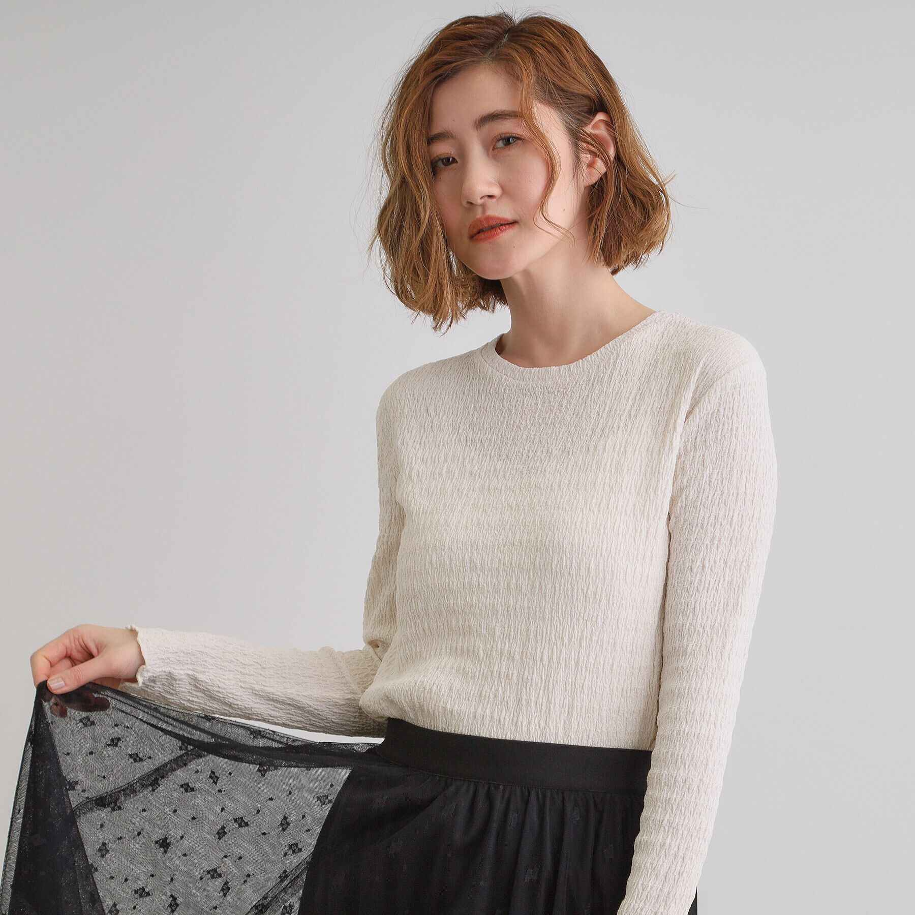 grove「シャーリング風ジャカードクルーネックプルオーバー」|Tシャツ・カットソー|オフホワイト(003