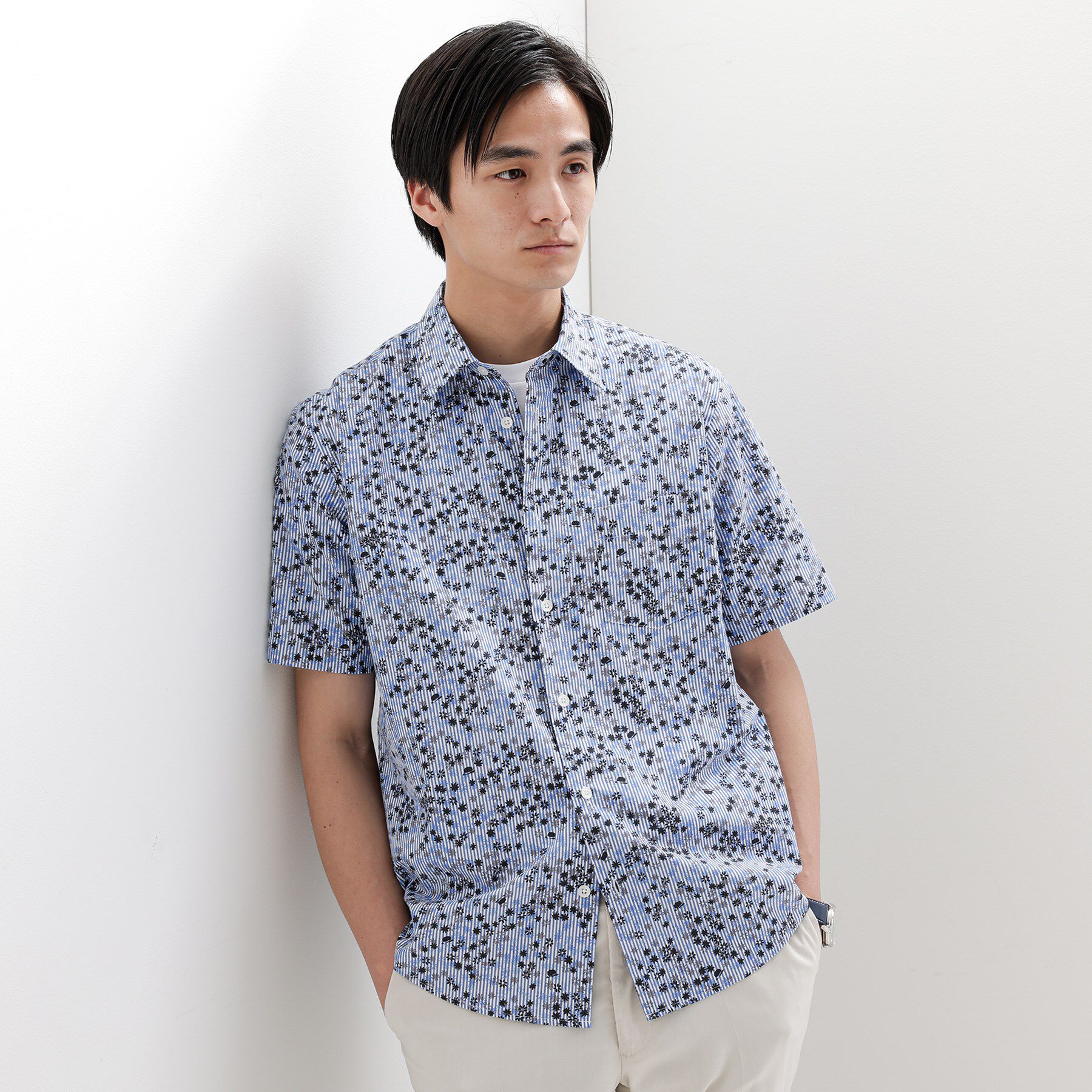 TAKEO KIKUCHI「ストライプ小花プリント 半袖シャツ」|シャツ・ブラウス|ブルー(193)