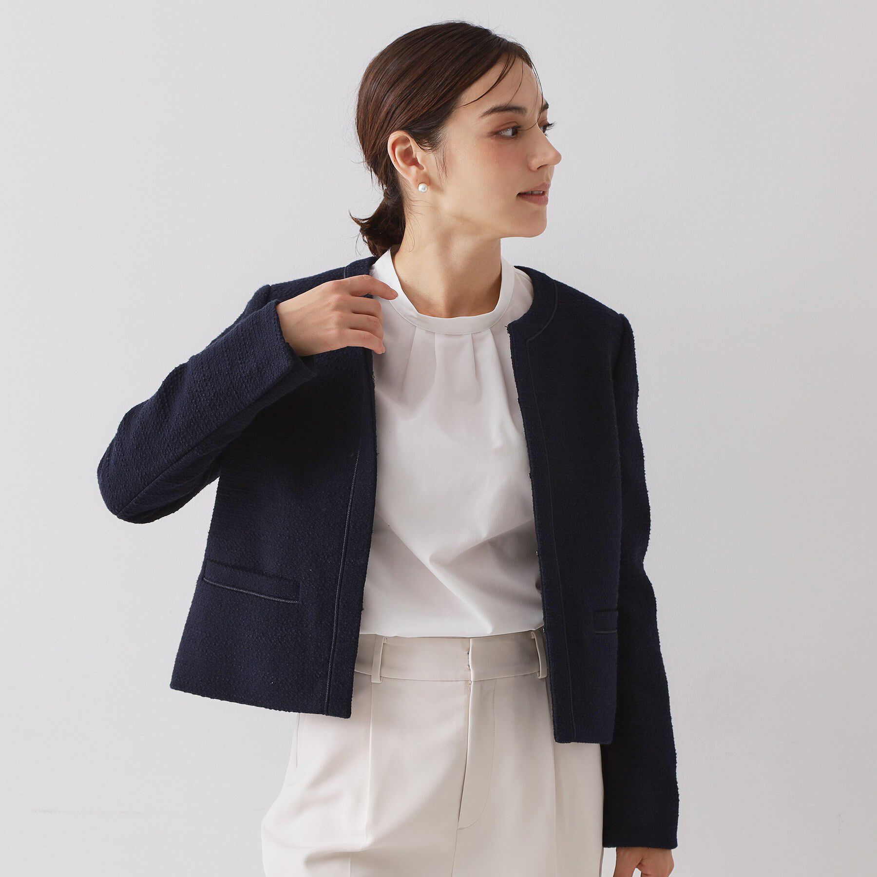 OPAQUE.CLIP「≪通勤・セレモニー対応≫ コットンツイードジャケット」|ノーカラージャケット|ネイビー(094)