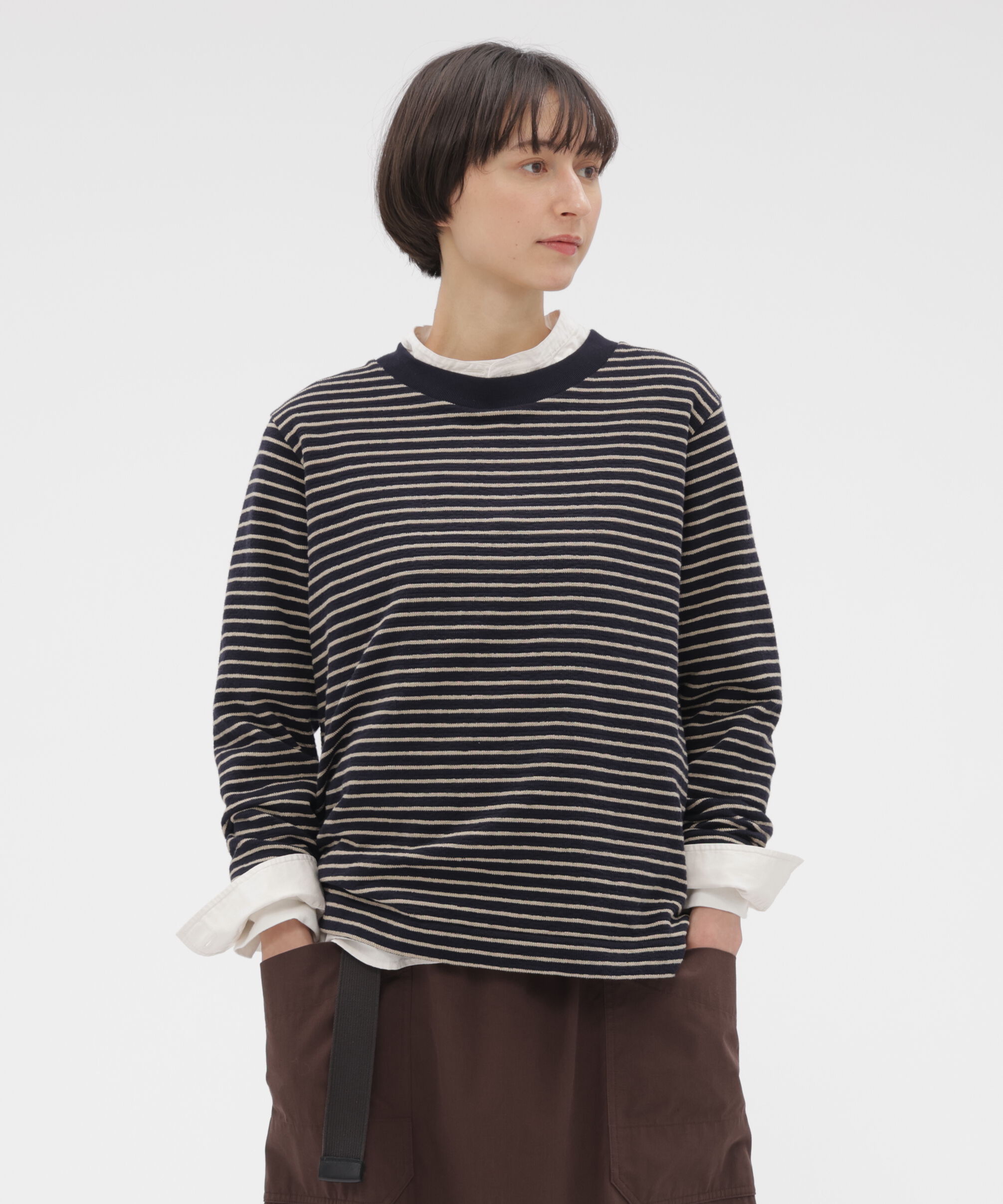MHL.「TEXTURED COTTON STRIPE TOP」|Tシャツ・カットソー|NAVY