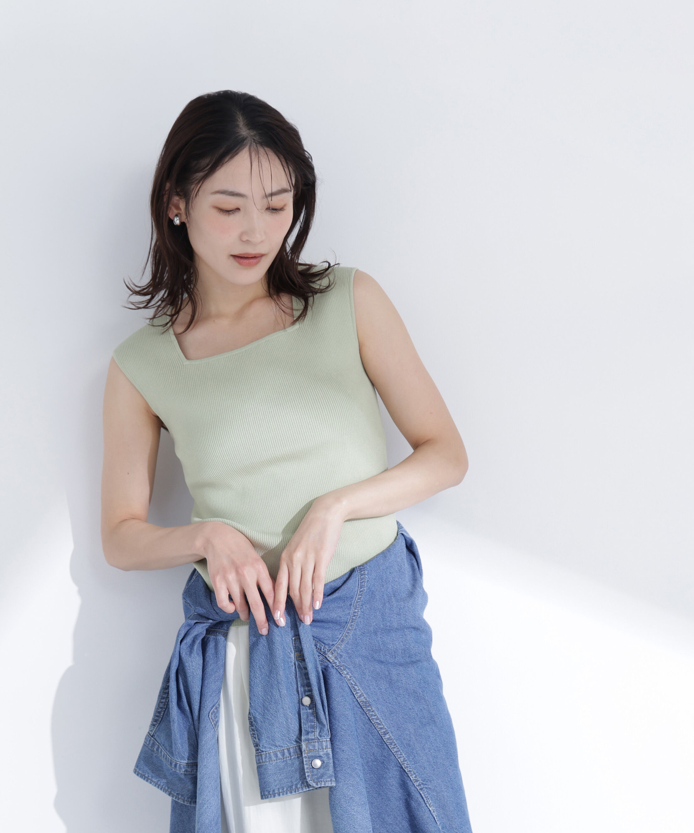  「スクエアネックリブニット」|ニット・セーター|ライトグリー