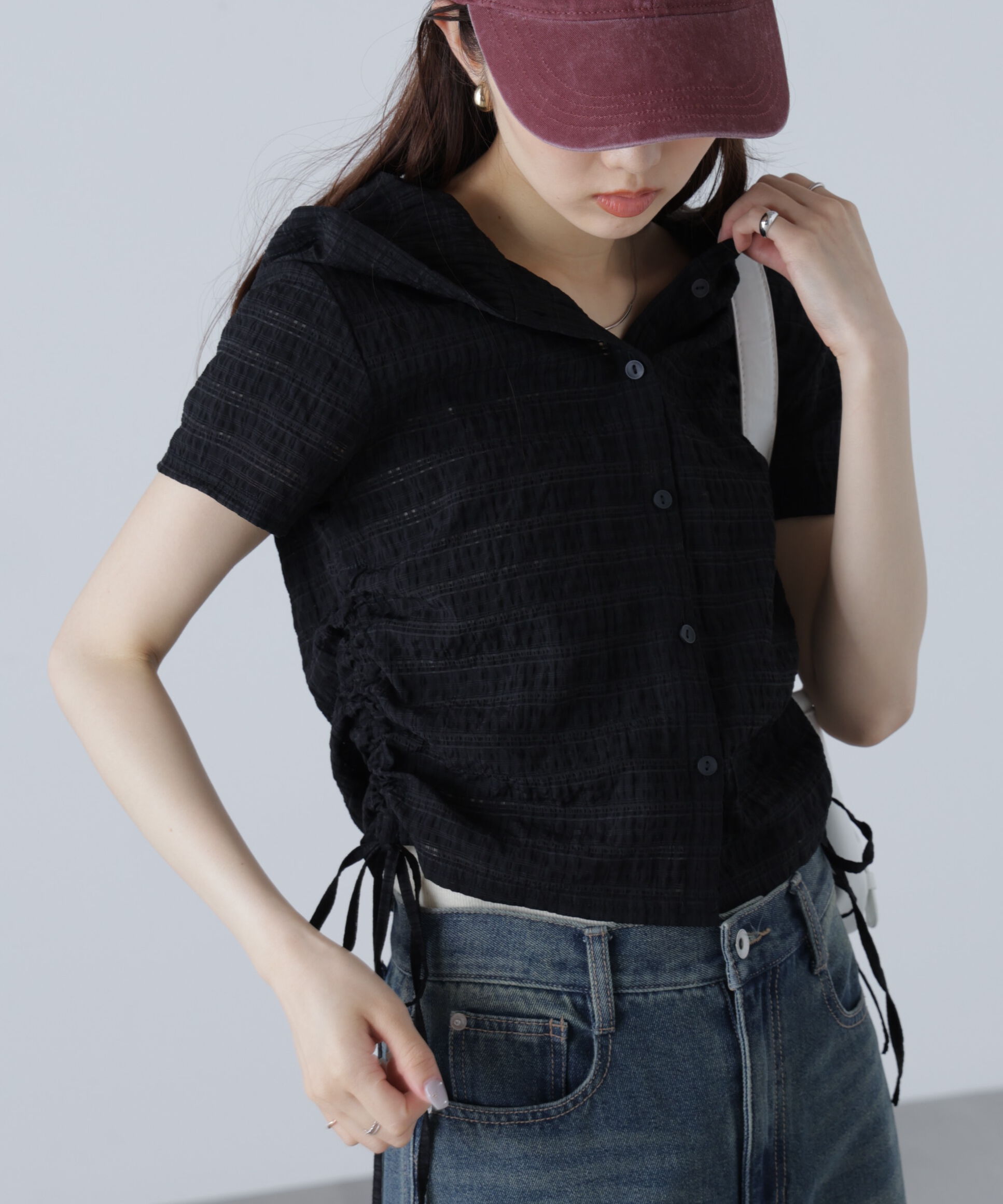  「シアーチェック短丈フードブラウス」|シャツ・ブラウス|ブラック