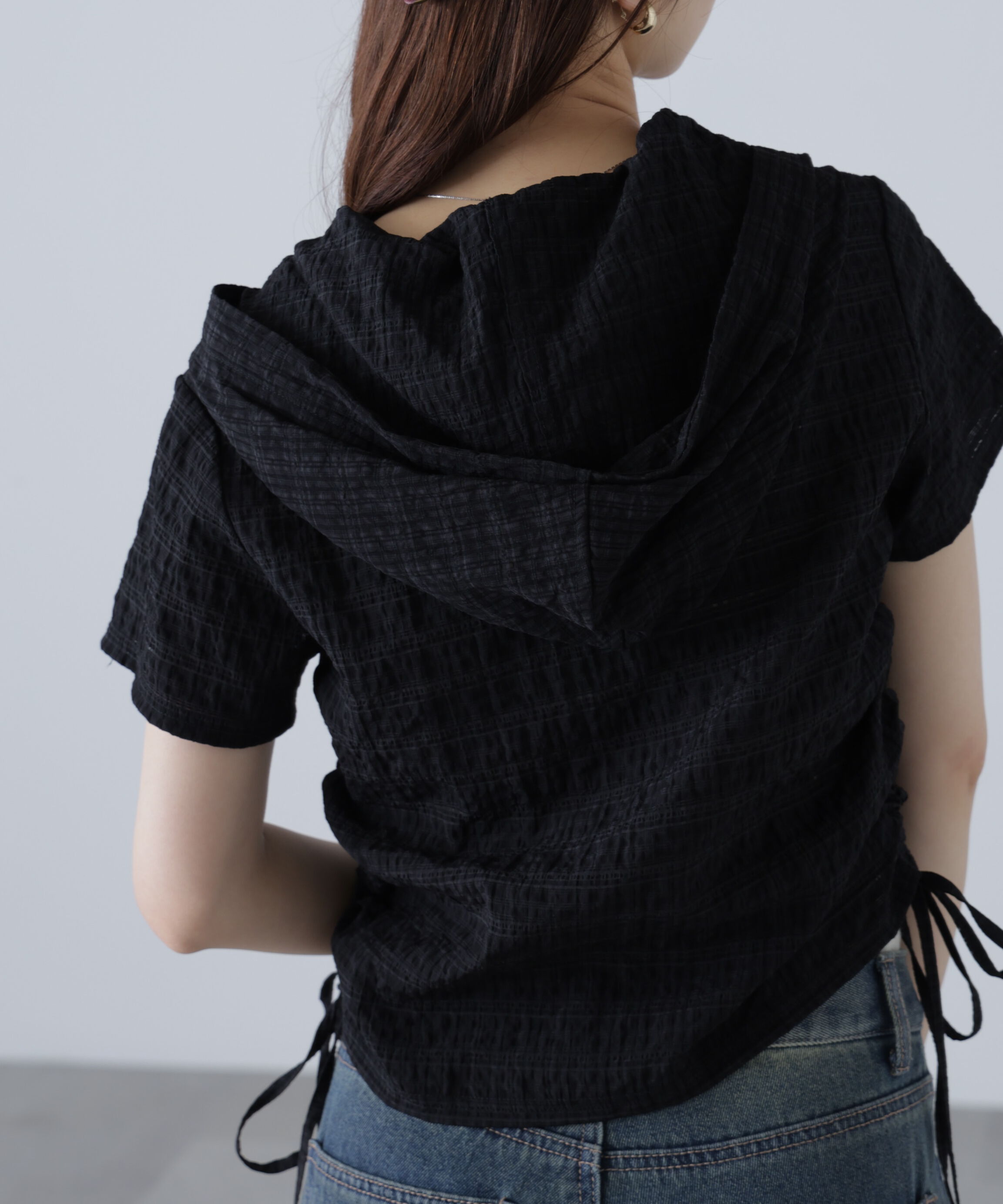  「シアーチェック短丈フードブラウス」|シャツ・ブラウス|