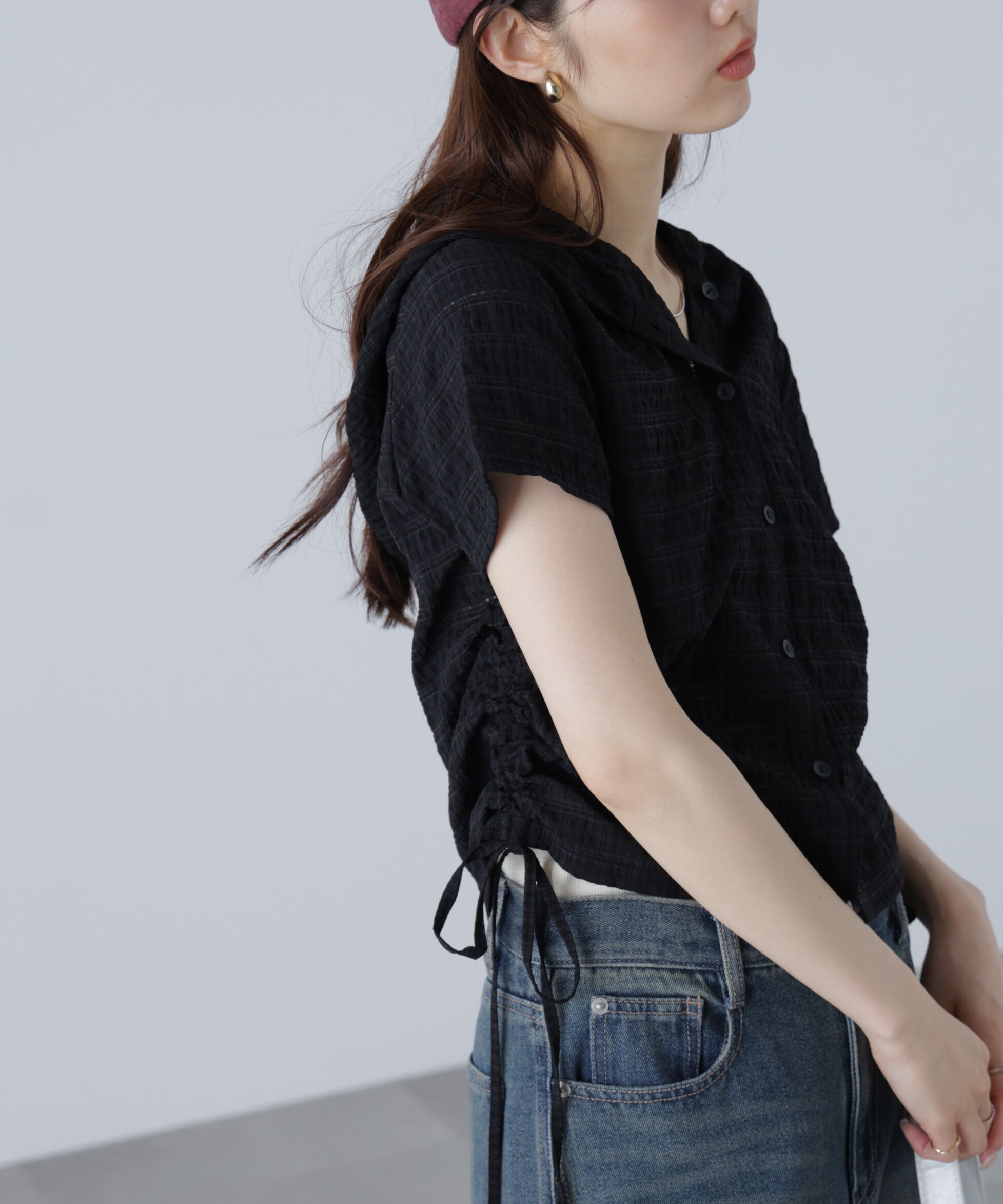  「シアーチェック短丈フードブラウス」|シャツ・ブラウス|