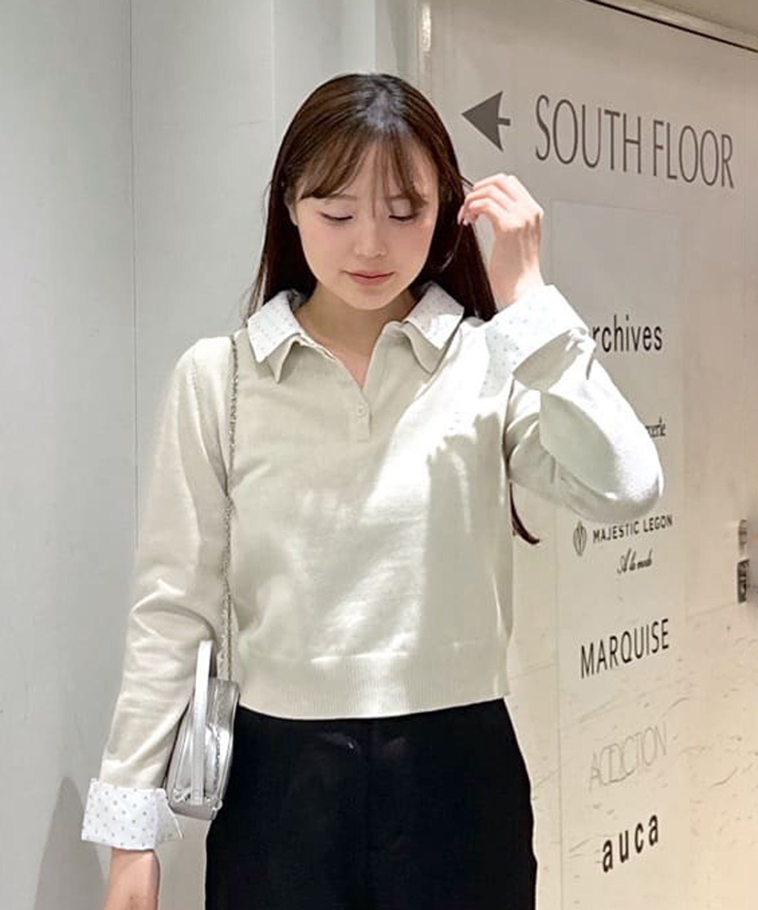  「衿付きレイヤード風ポロニット」|ニット・セーター|ベージュ