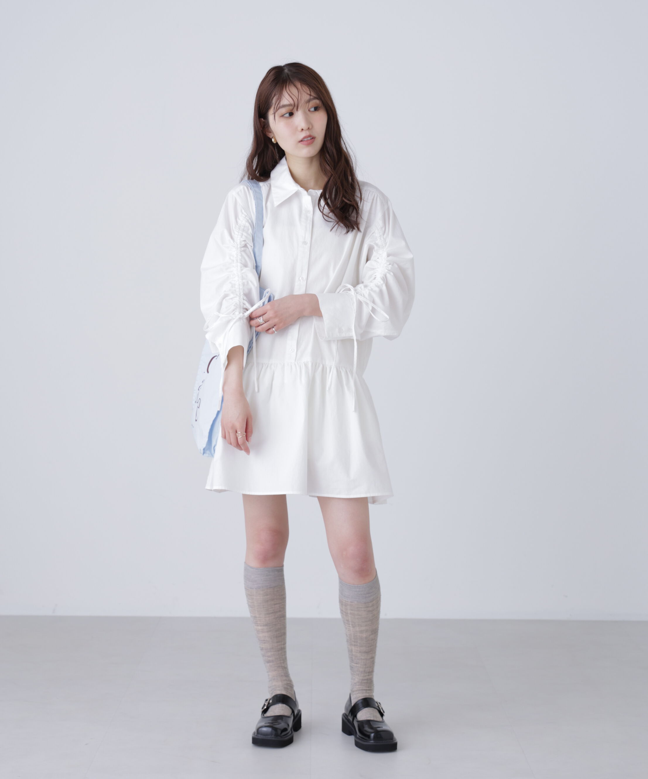  「袖ドロストティアードシャツミニワンピース」|ワンピース|