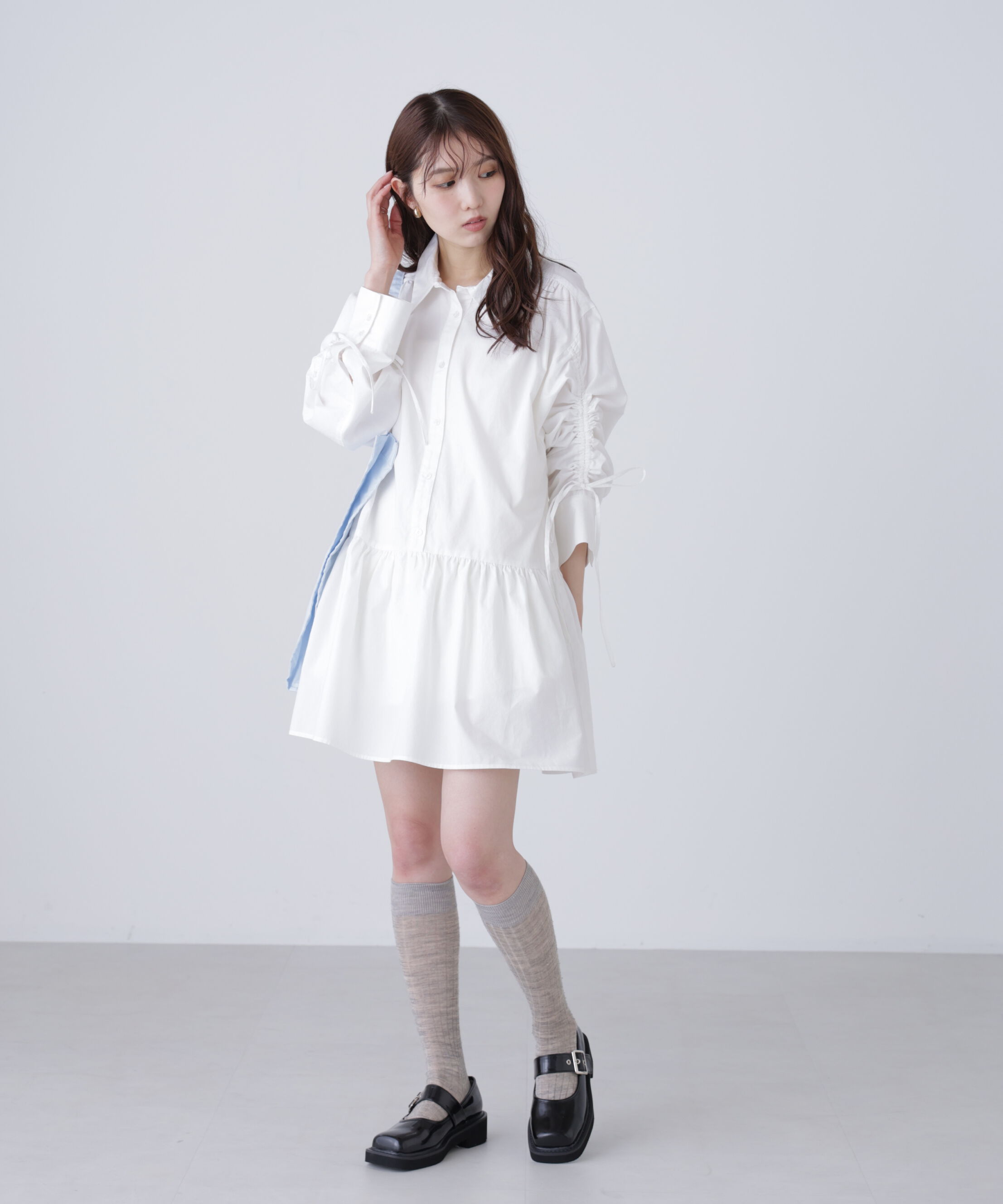  「袖ドロストティアードシャツミニワンピース」|ワンピース|