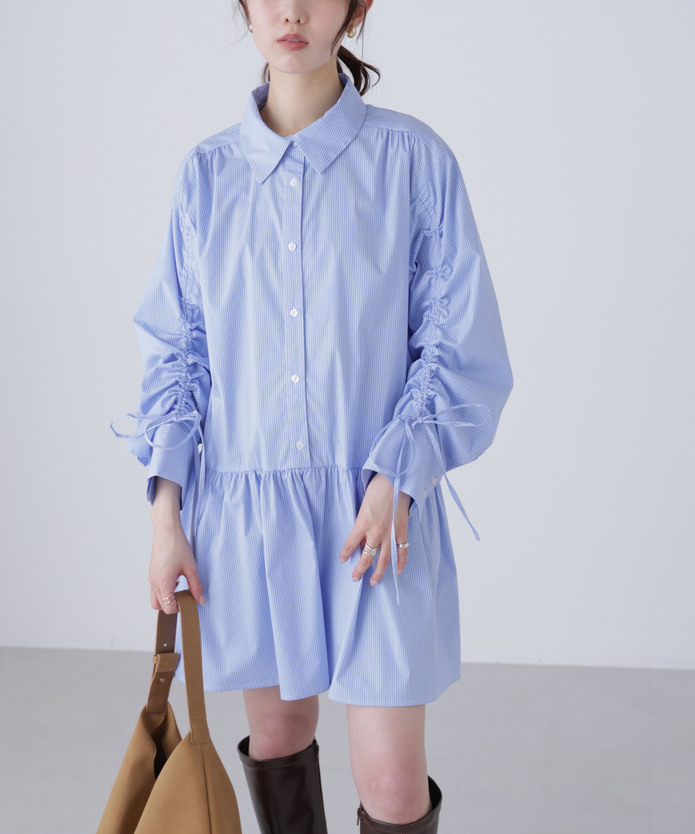  「袖ドロストティアードシャツミニワンピース」|ワンピース|