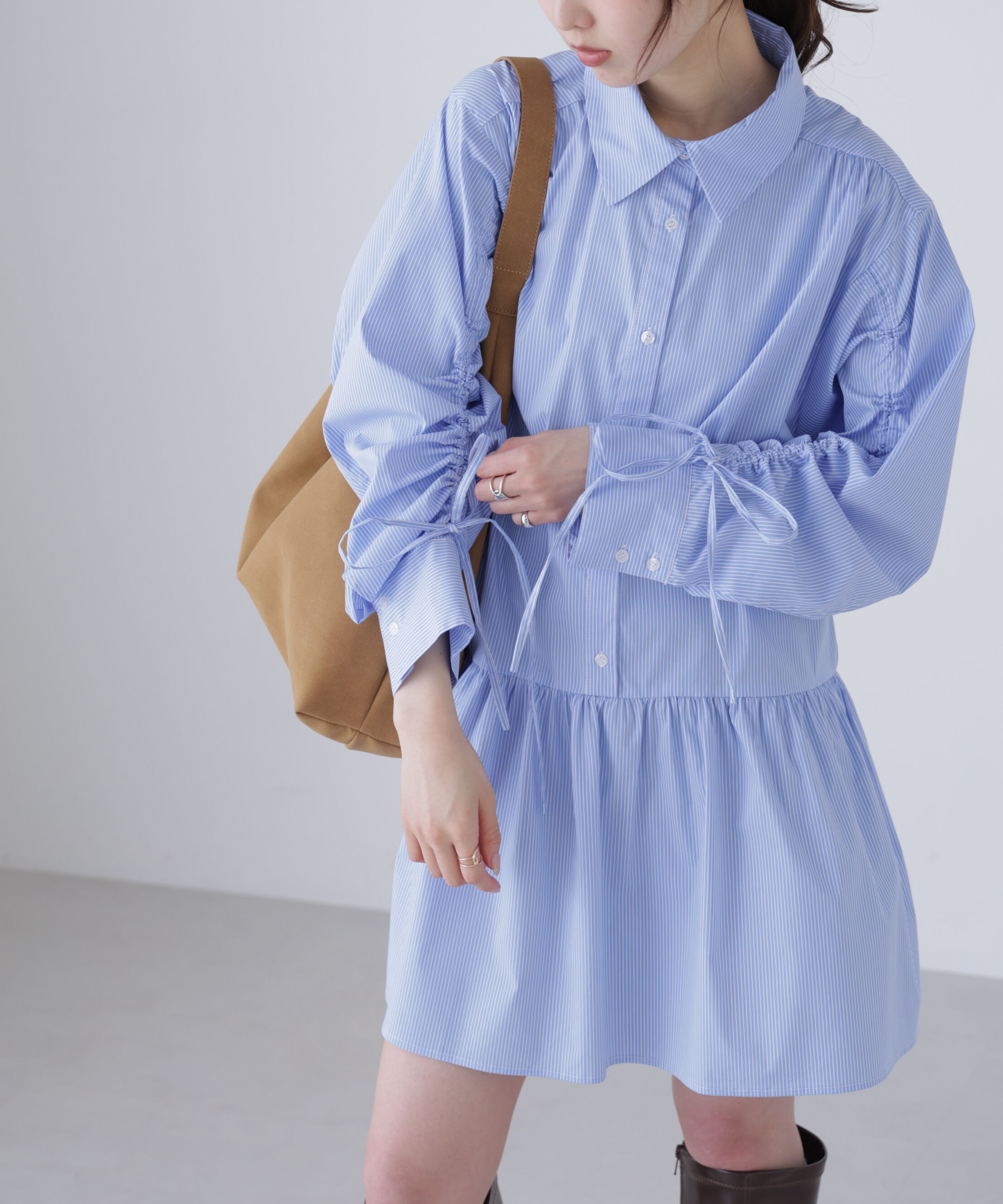  「袖ドロストティアードシャツミニワンピース」|ワンピース|