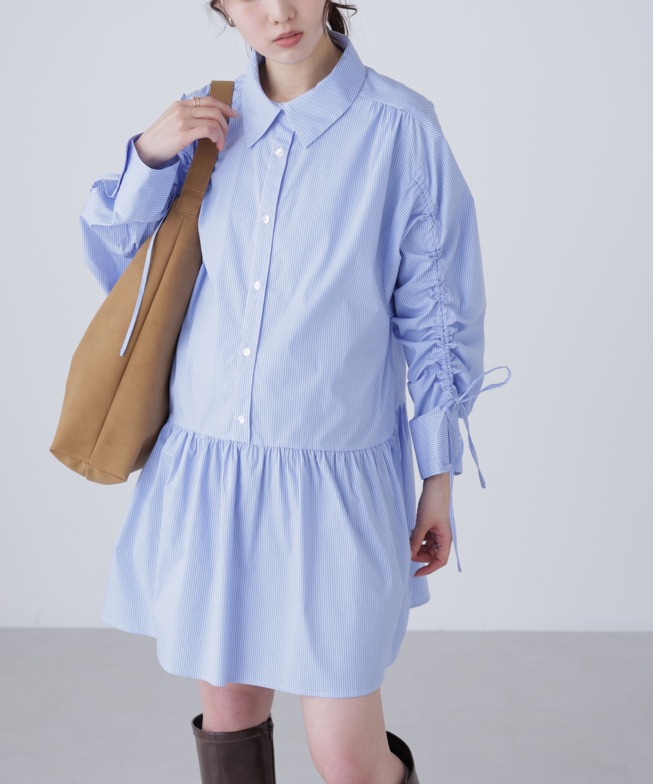  「袖ドロストティアードシャツミニワンピース」|ワンピース|
