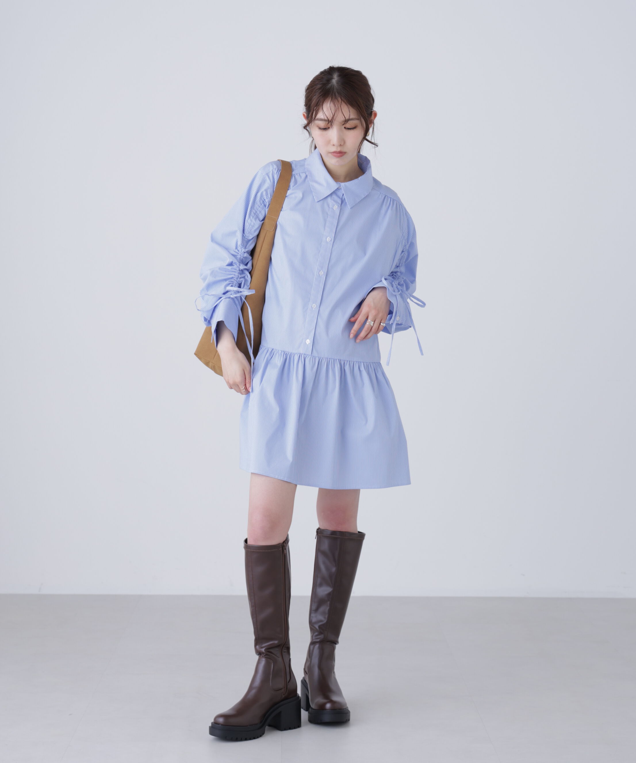  「袖ドロストティアードシャツミニワンピース」|ワンピース|