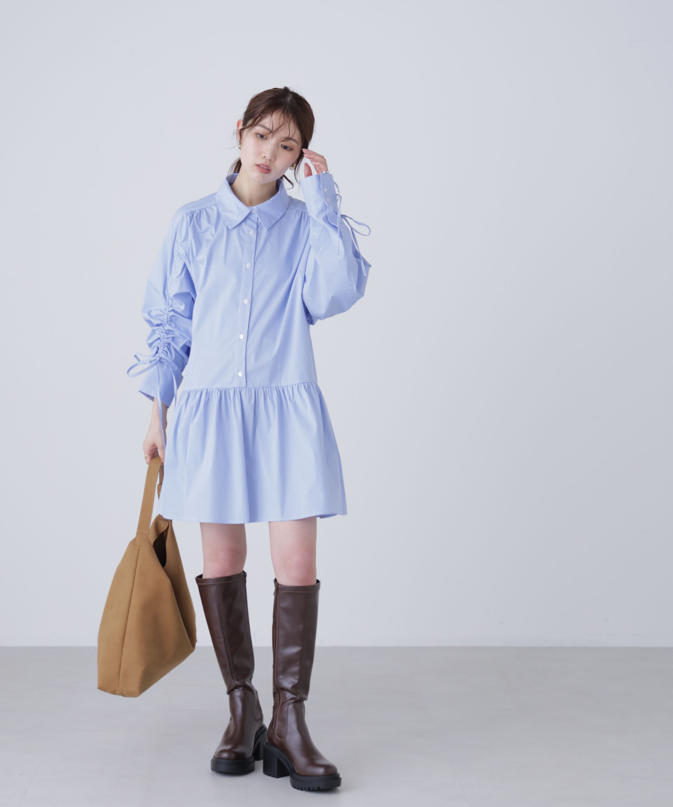  「袖ドロストティアードシャツミニワンピース」|ワンピース|