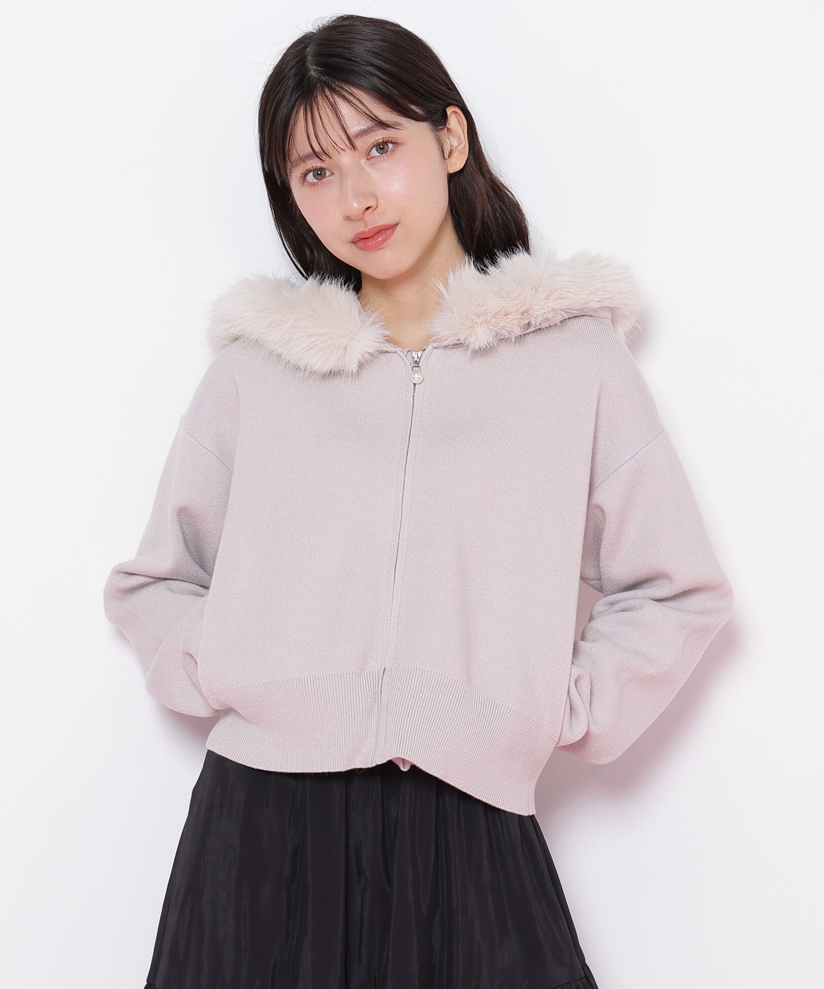  「フェイクファー付きニットパーカー」|ニット・セーター|グレー