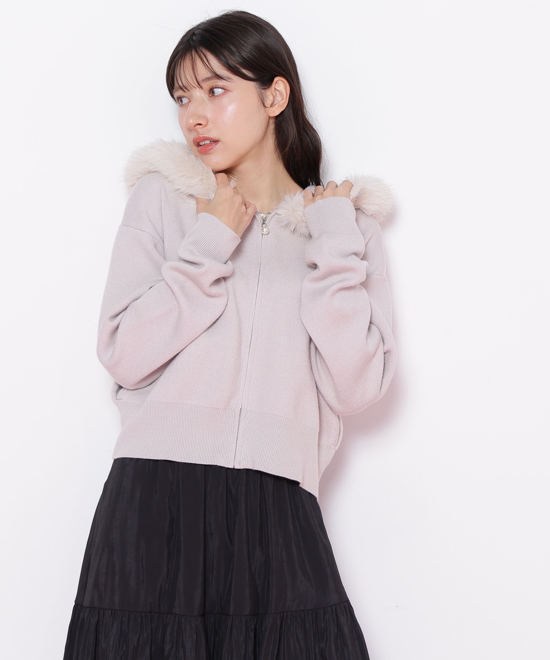  「フェイクファー付きニットパーカー」|ニット・セーター|