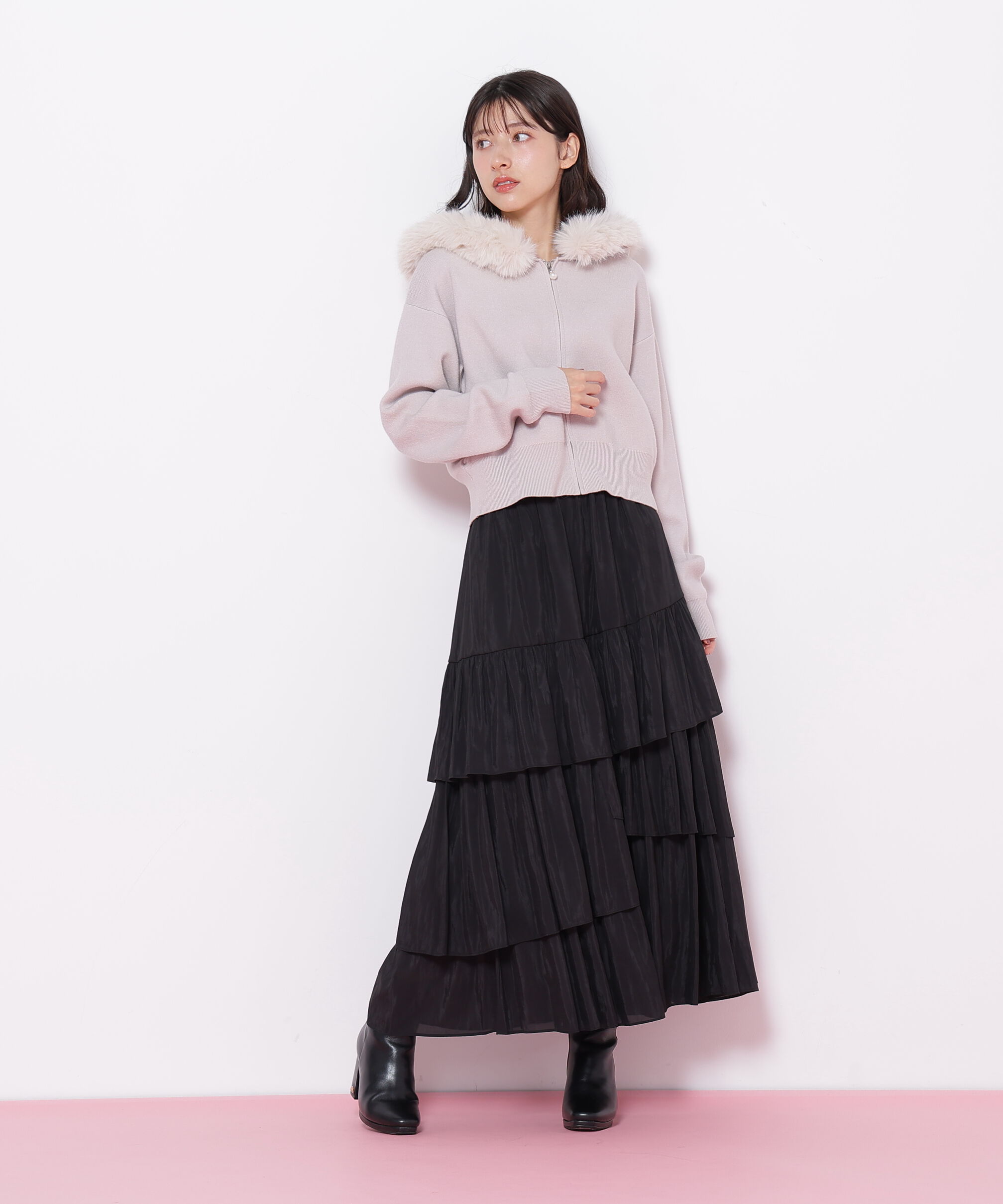  「フェイクファー付きニットパーカー」|ニット・セーター|