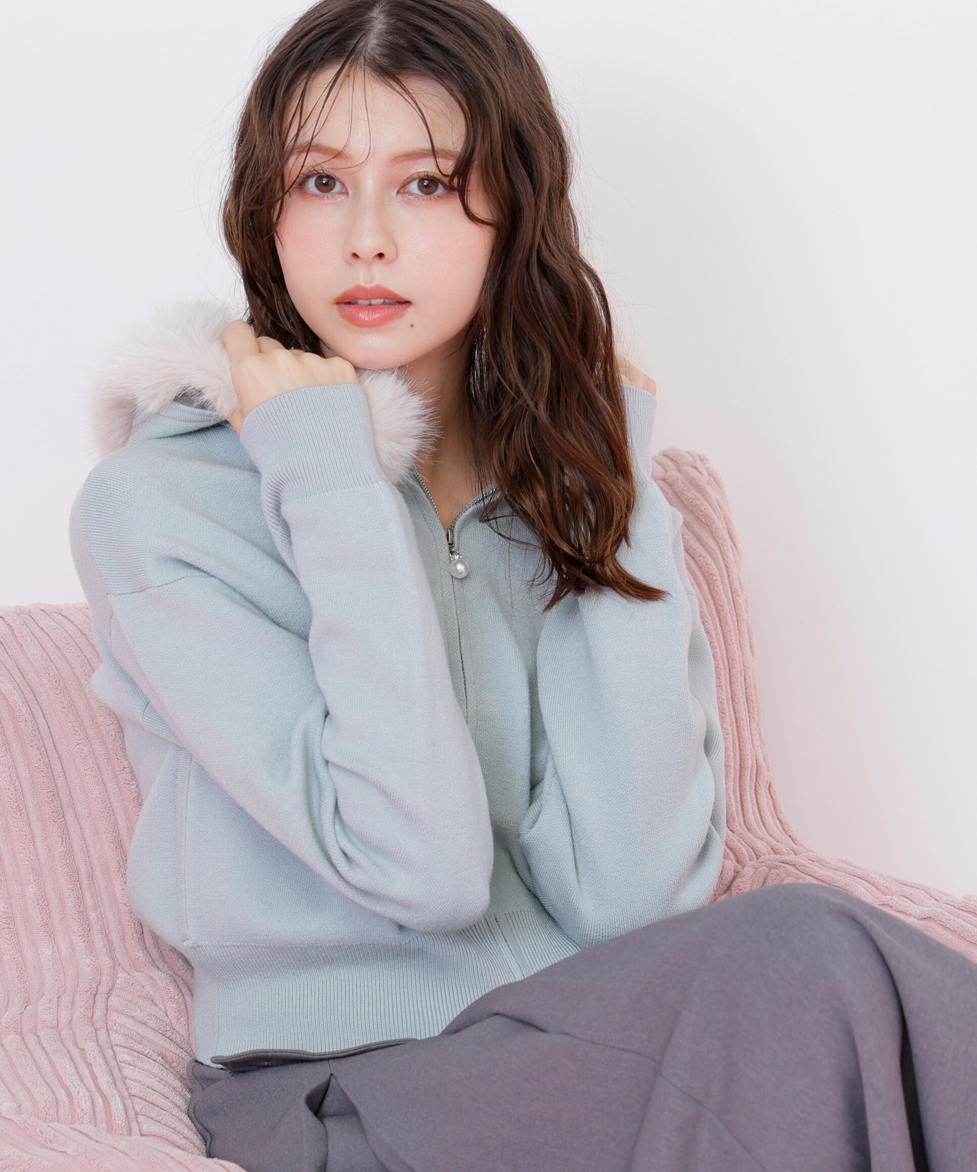  「フェイクファー付きニットパーカー」|ニット・セーター|