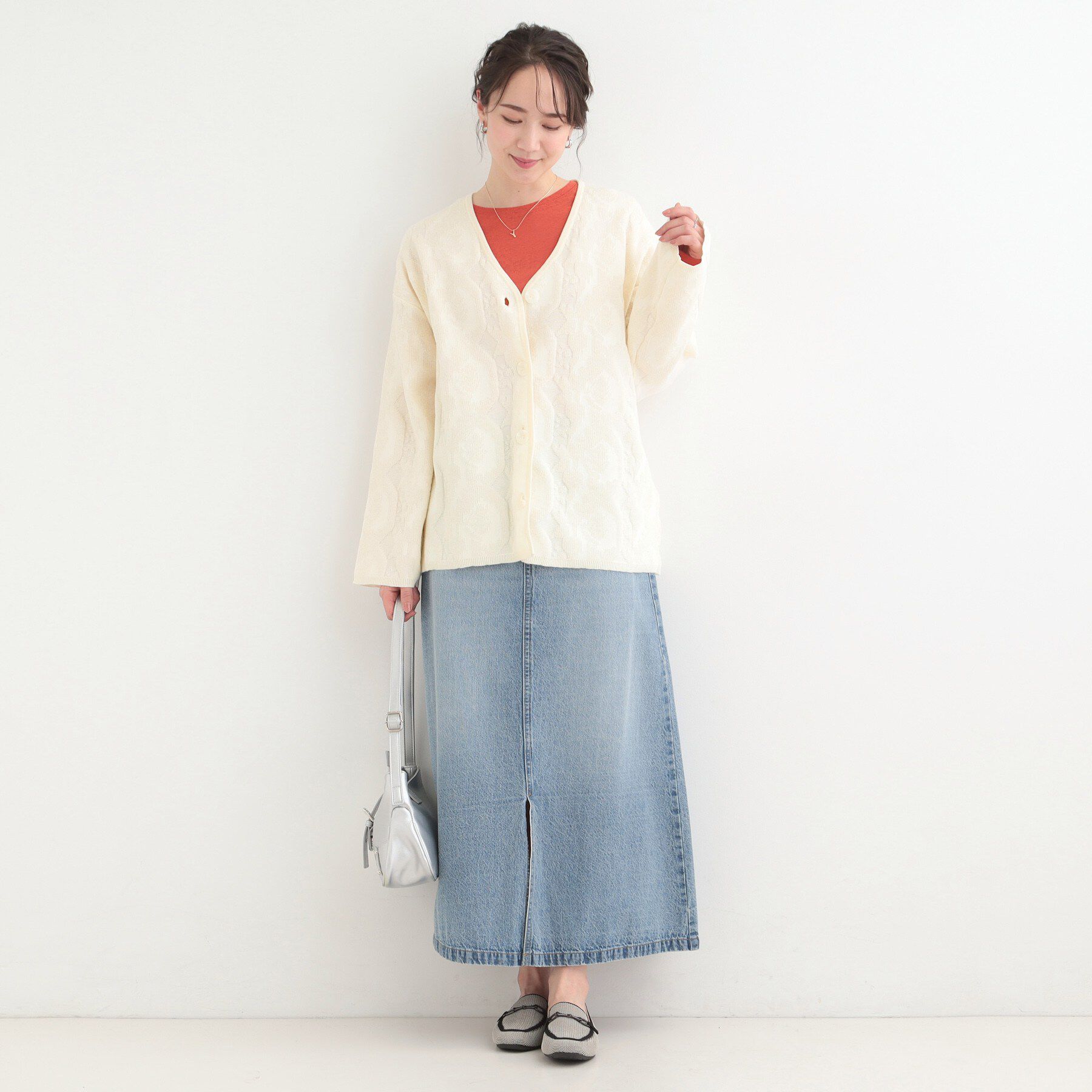 SHOO･LA･RUE「【洗濯機可/S-LL】幾何柄風デザインがアクセント ゆるVネックカーディガン」|カーディガン|