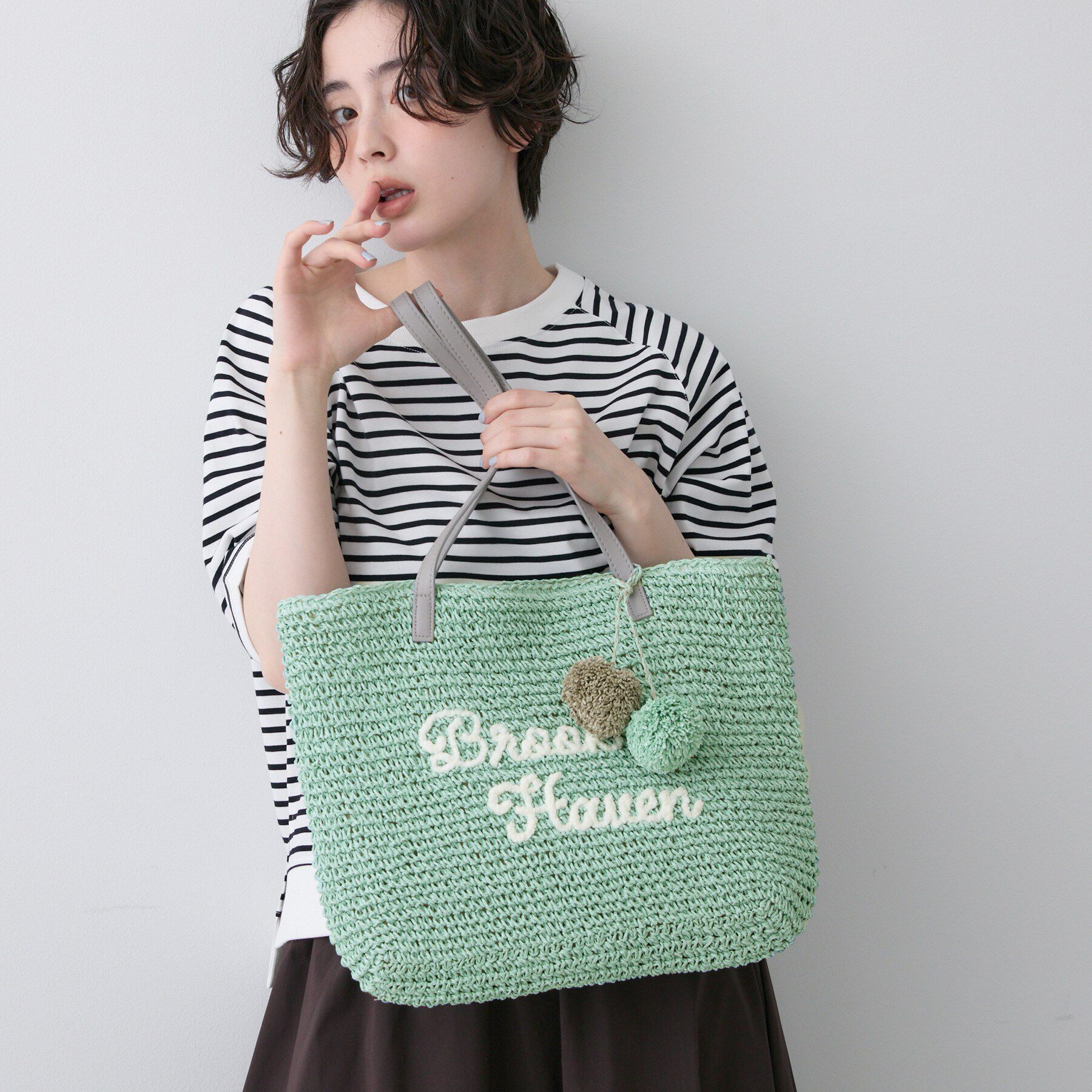 Dessin「ロゴ刺繍 ポンポンチャーム付き ペーパーメッシュトート」|トートバッグ|ミントグリーン(02