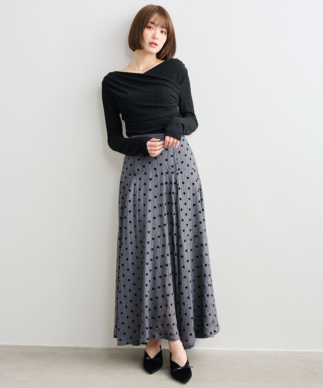 COCO DEAL「フロッキードットフレアスカート」|スカート|グレー