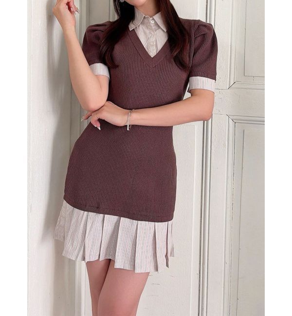 RESEXXY「シャツレイヤードミニニットワンピース」|ワンピース|ブラウン