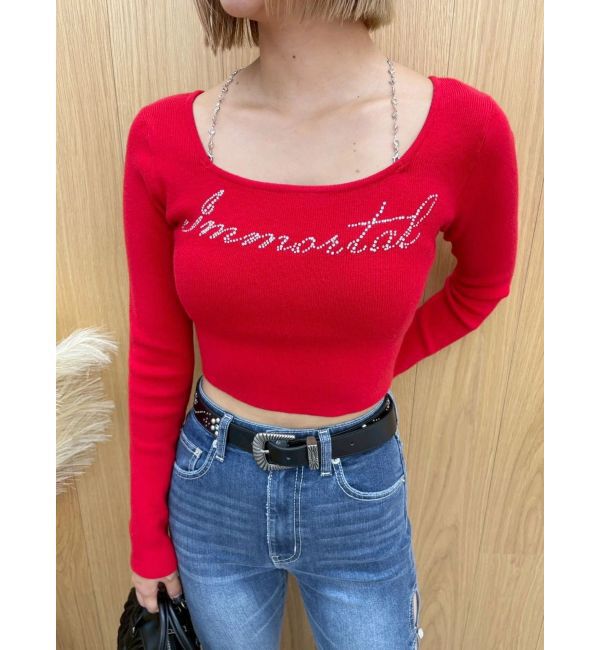 EVRIS「ラインストーンロゴニットトップス」|ニット・セーター|