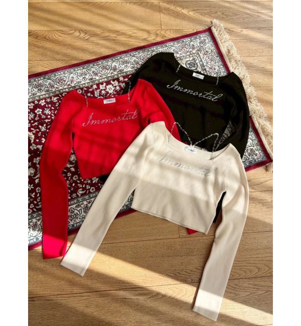 EVRIS「ラインストーンロゴニットトップス」|ニット・セーター|