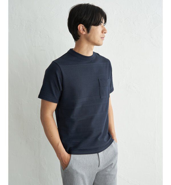 IKKA LOUNGE「冷感リップルボーダーT」|Tシャツ・カットソー|ネイビーブルー