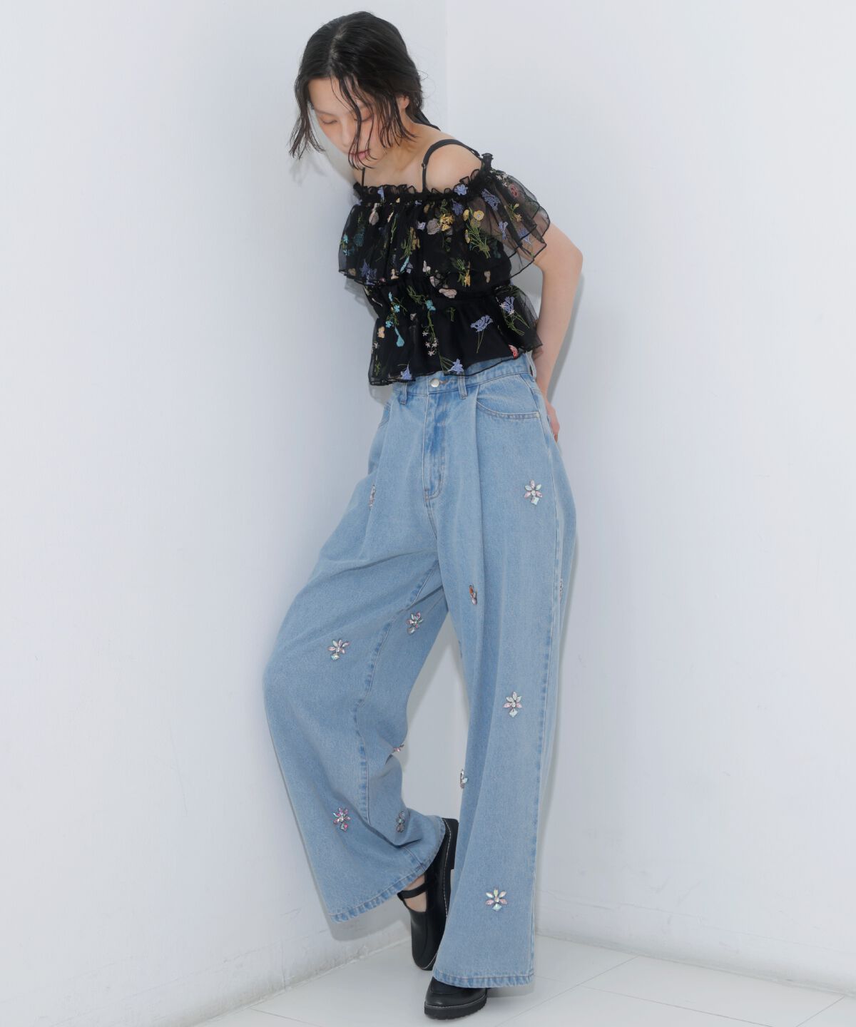 アンドクチュール「ボタニカル柄刺繍チュールブラウス」|シャツ・ブラウス|