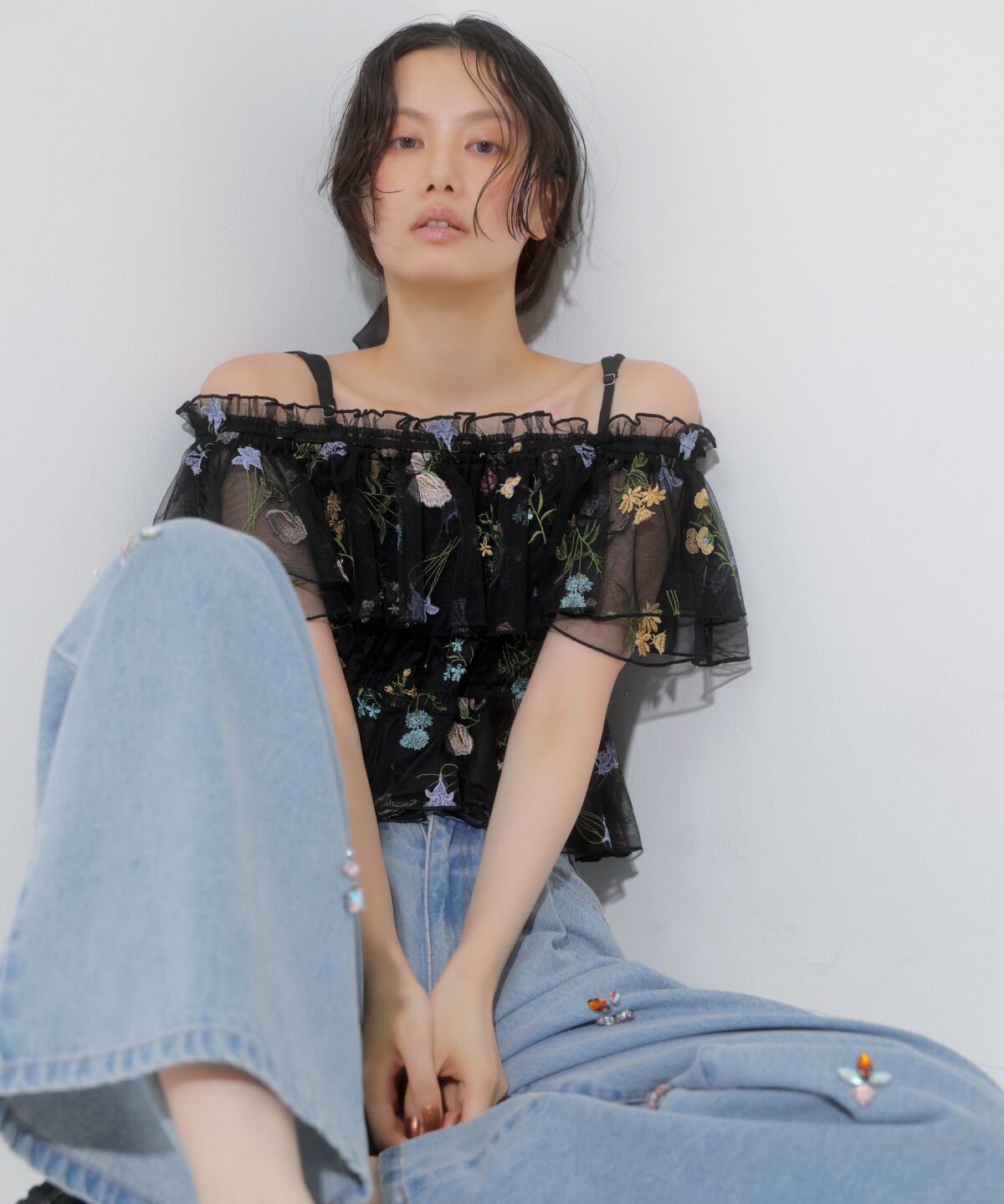 アンドクチュール「ボタニカル柄刺繍チュールブラウス」|シャツ・ブラウス|