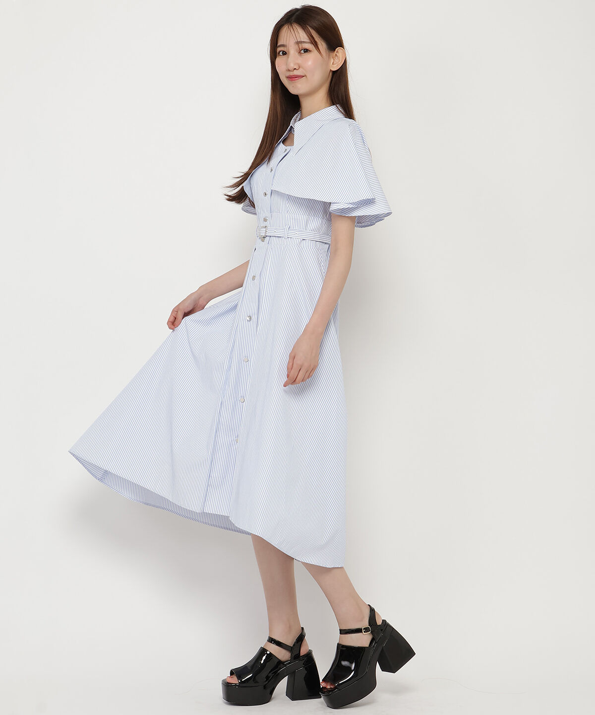 REDYAZEL「ケープフレアストライプワンピース」|ワンピース|
