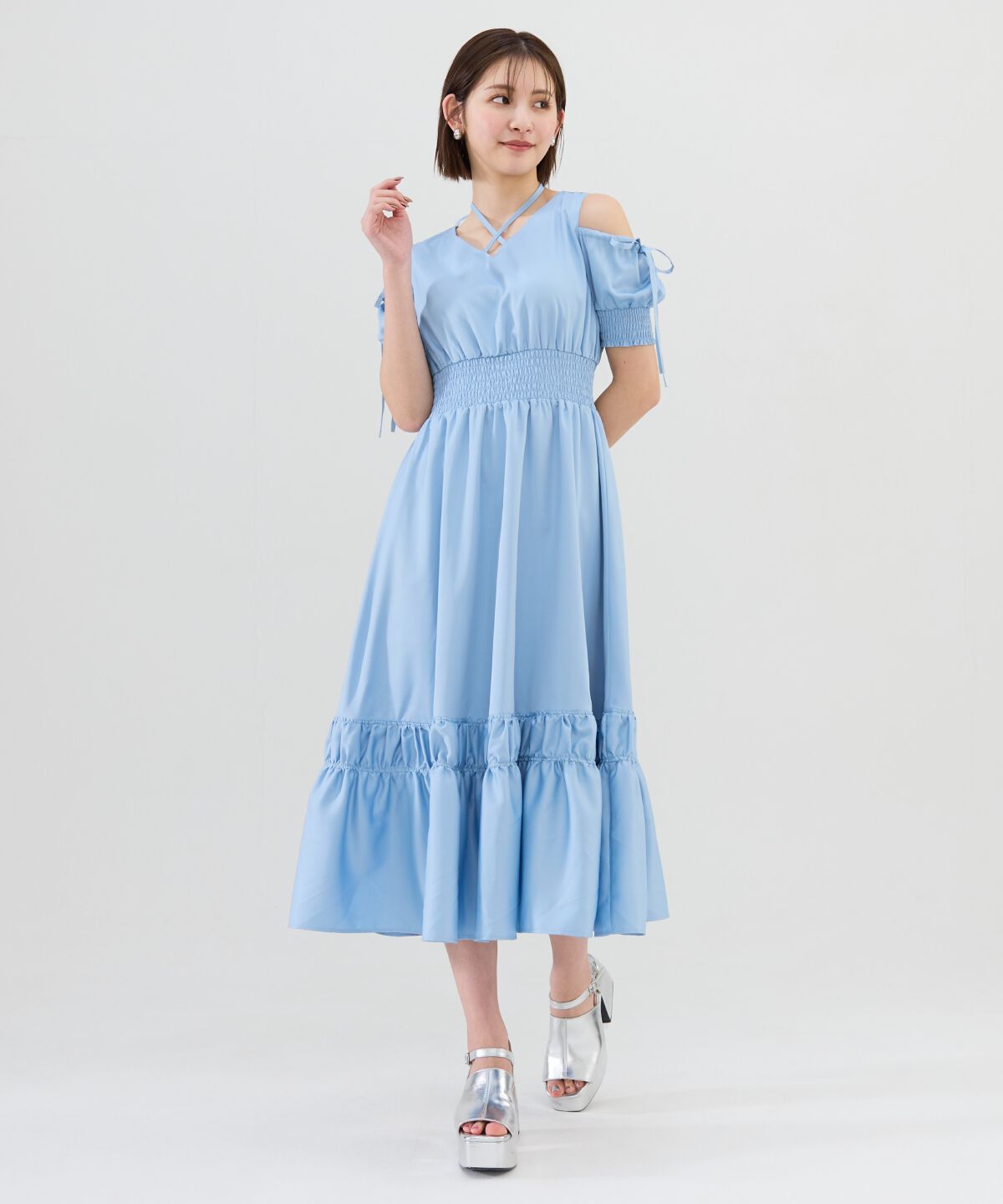 REDYAZEL「シャーリングオープンショルダーワンピース」|ワンピース|ブルー