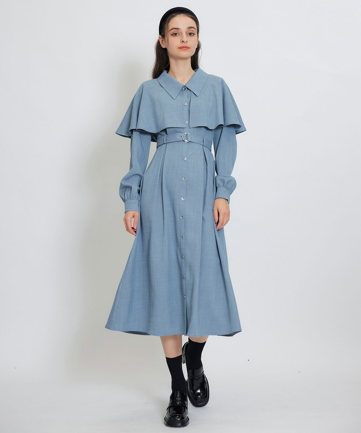 REDYAZEL「ケープライクロングフレアワンピース」|ワンピース|ブルー