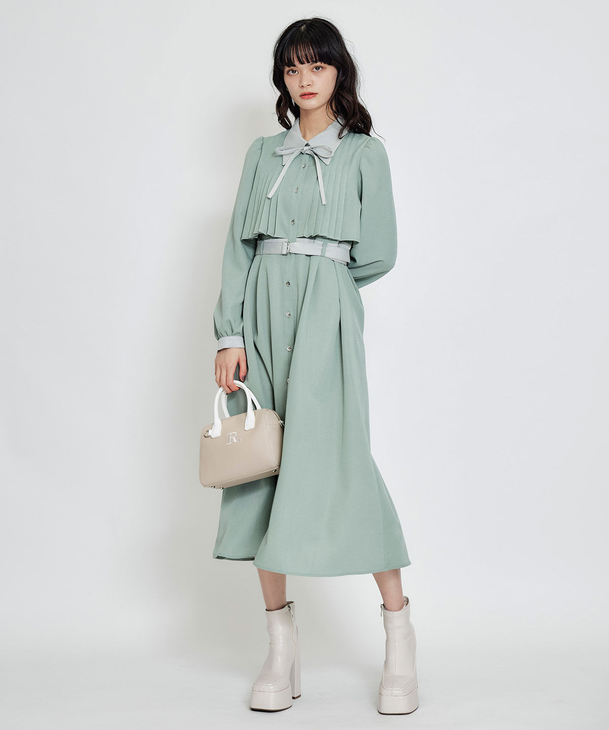 REDYAZEL「フロントプリーツリボンタイフレアロングワンピース」|ワンピース|