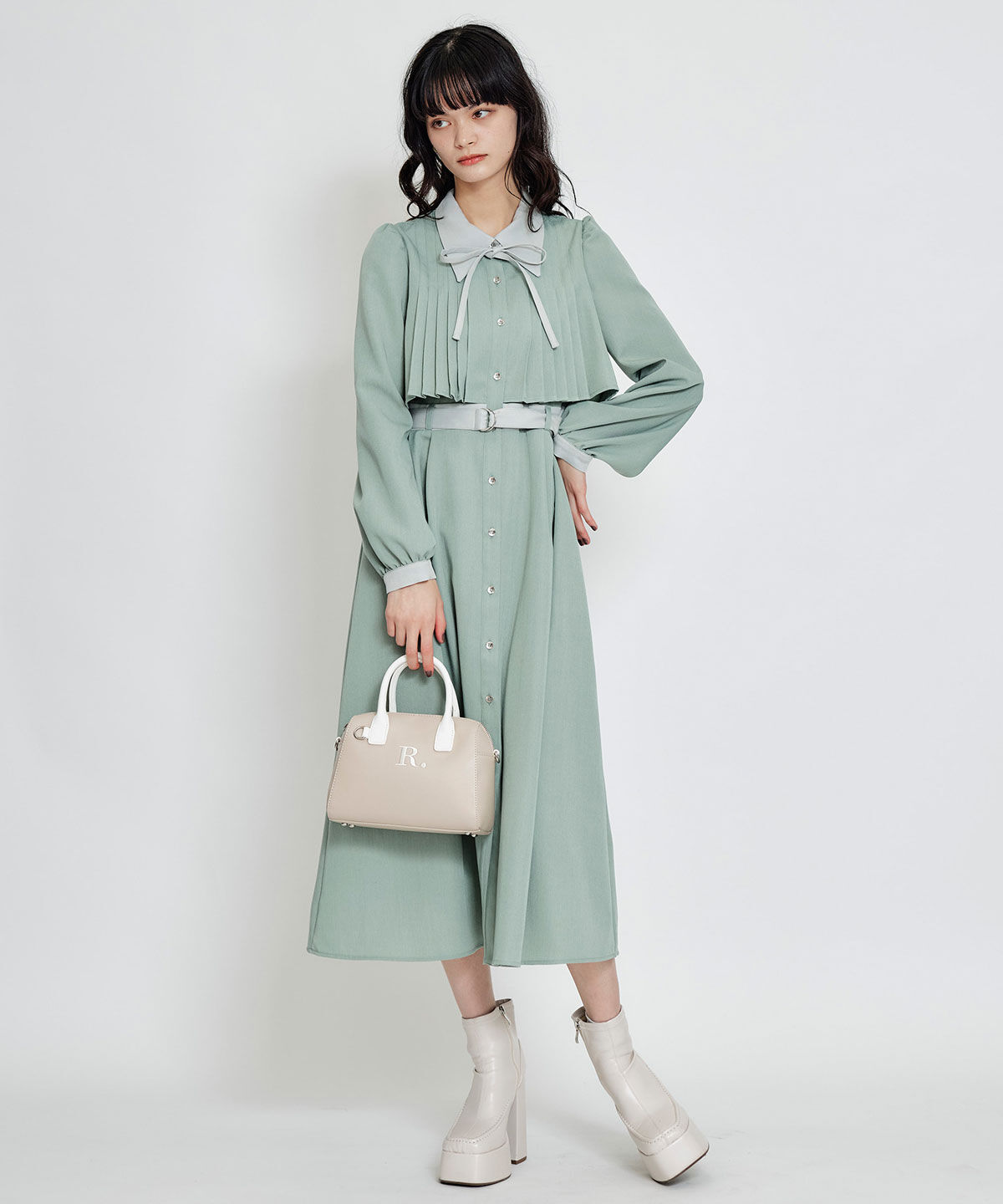 REDYAZEL「フロントプリーツリボンタイフレアロングワンピース」|ワンピース|