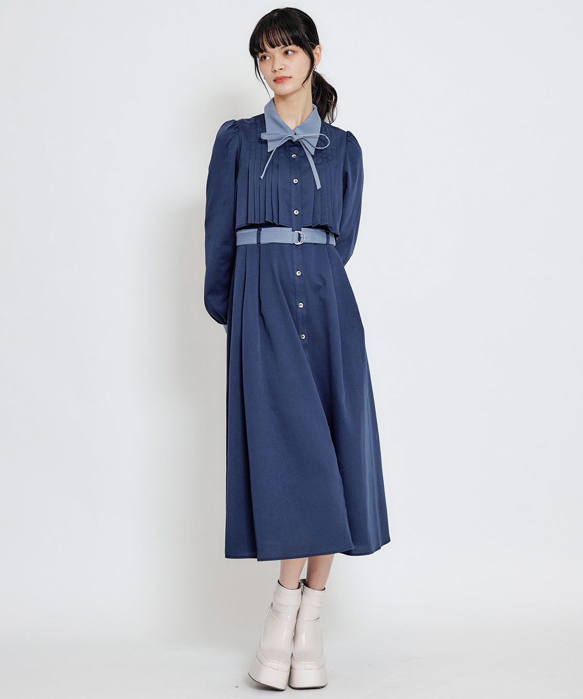 REDYAZEL「フロントプリーツリボンタイフレアロングワンピース」|ワンピース|ネイビー
