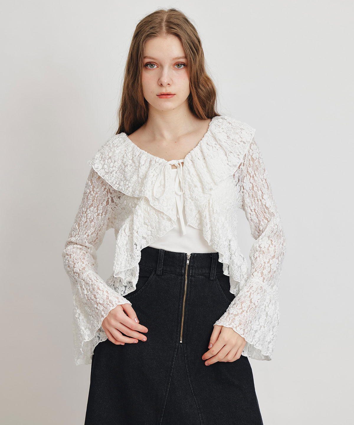 REDYAZEL「レースフリルカラーショートカーディガン」|カーディガン|