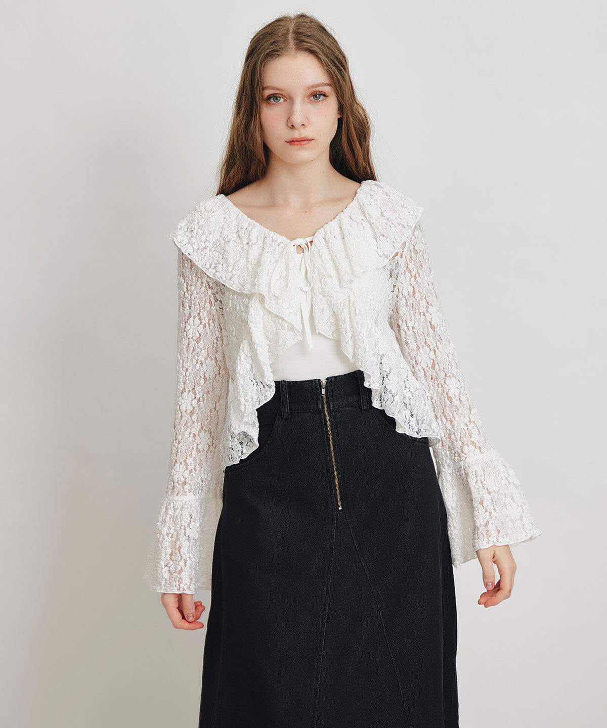 REDYAZEL「レースフリルカラーショートカーディガン」|カーディガン|