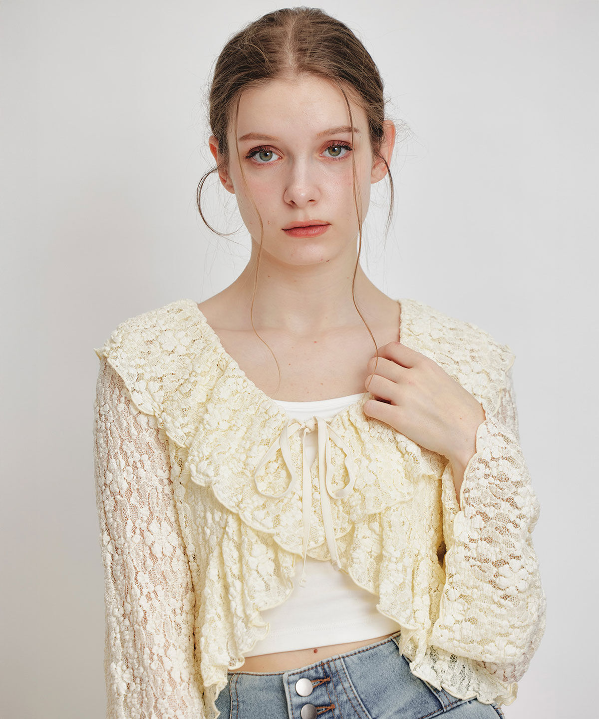 REDYAZEL「レースフリルカラーショートカーディガン」|カーディガン|