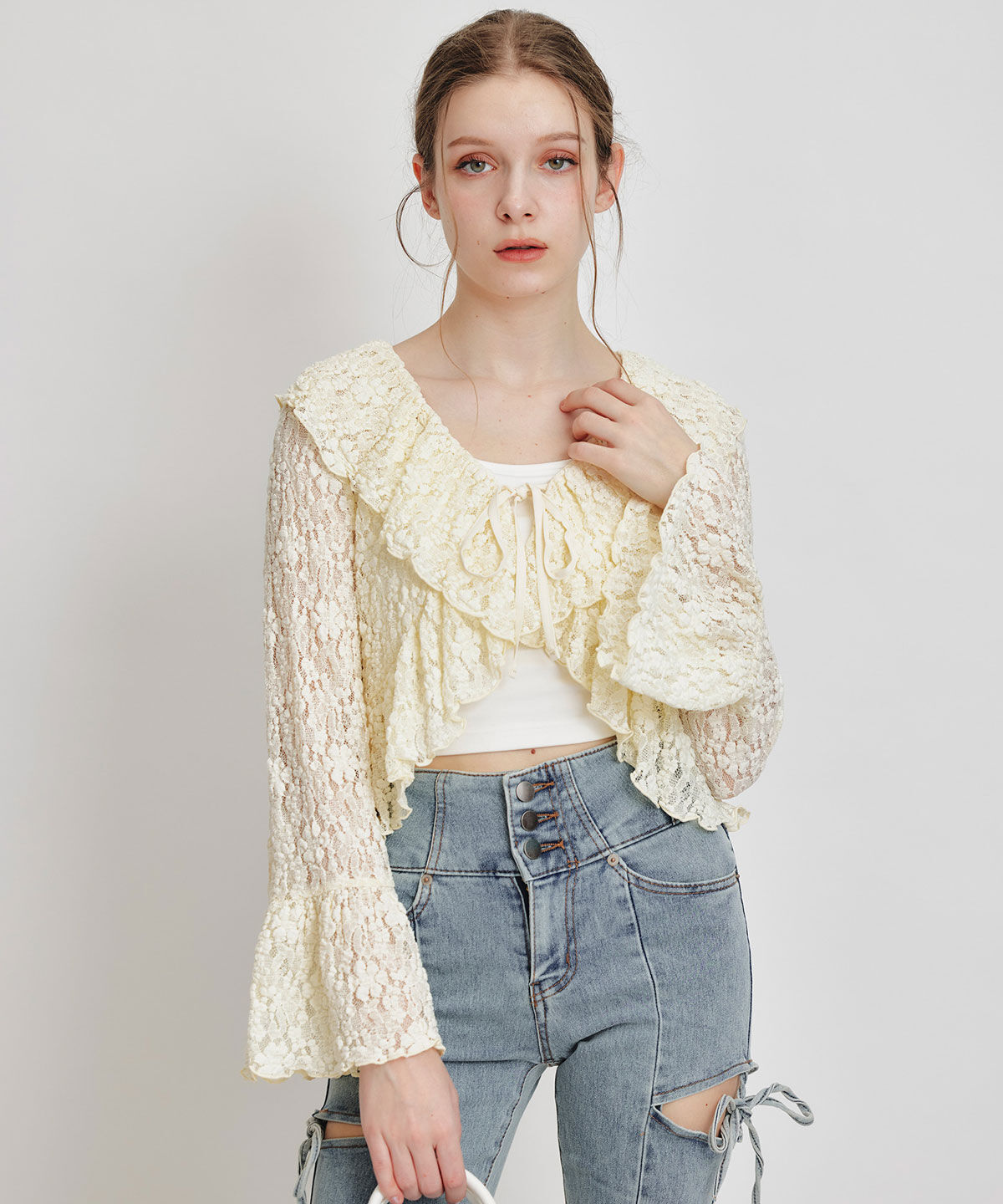 REDYAZEL「レースフリルカラーショートカーディガン」|カーディガン|