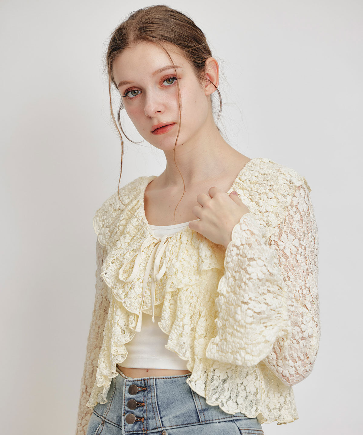 REDYAZEL「レースフリルカラーショートカーディガン」|カーディガン|