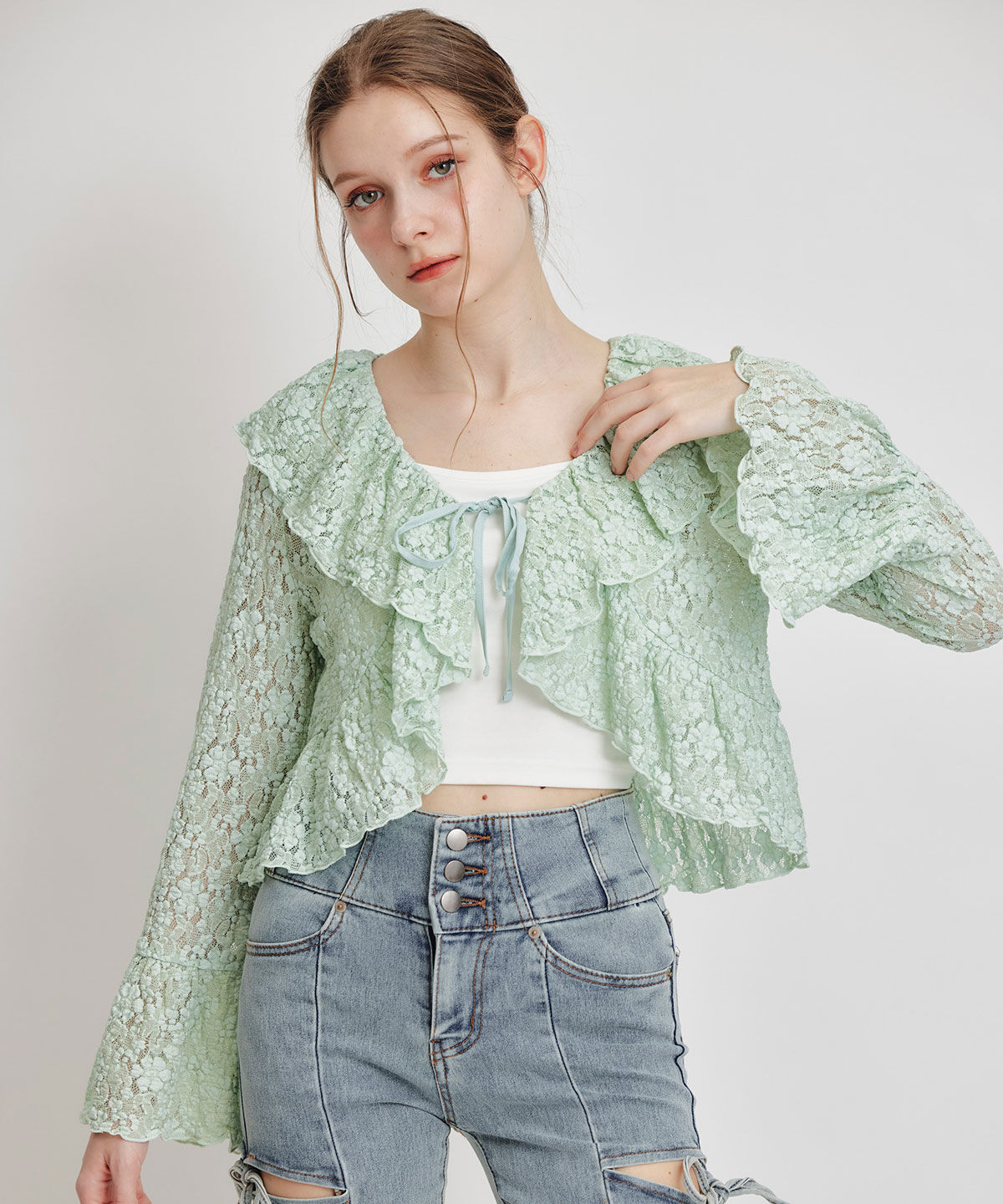 REDYAZEL「レースフリルカラーショートカーディガン」|カーディガン|