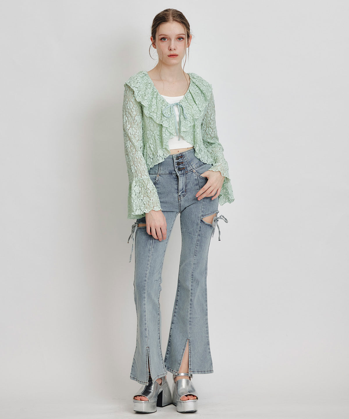 REDYAZEL「レースフリルカラーショートカーディガン」|カーディガン|