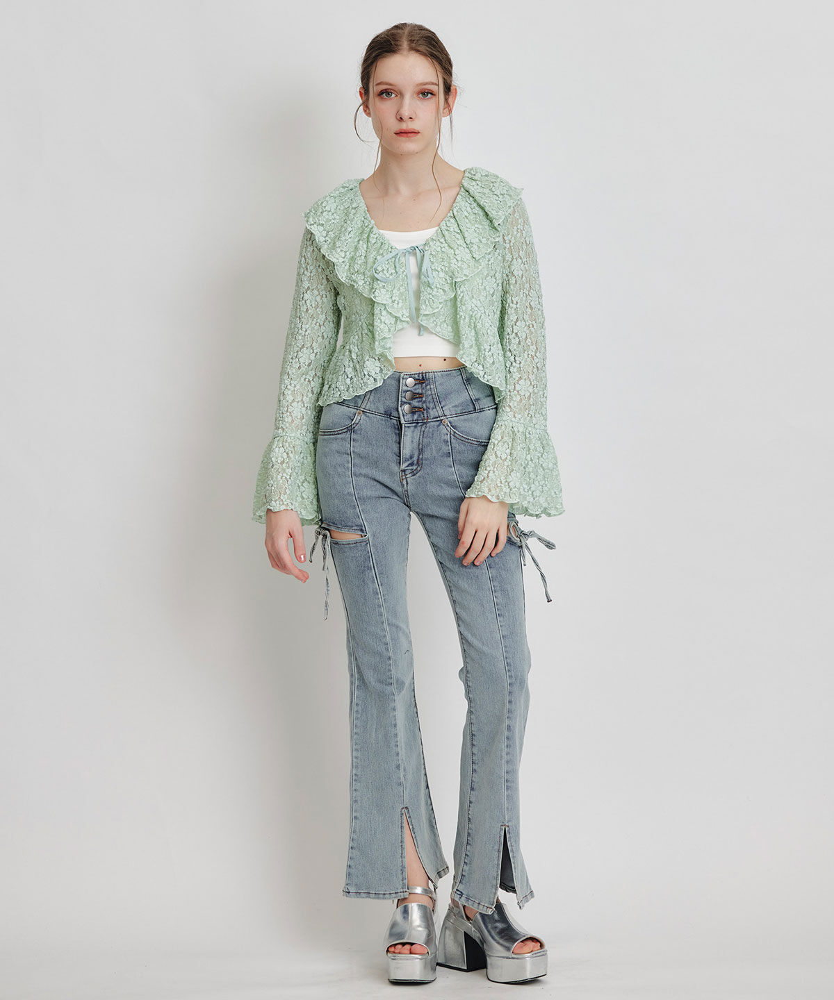 REDYAZEL「レースフリルカラーショートカーディガン」|カーディガン|