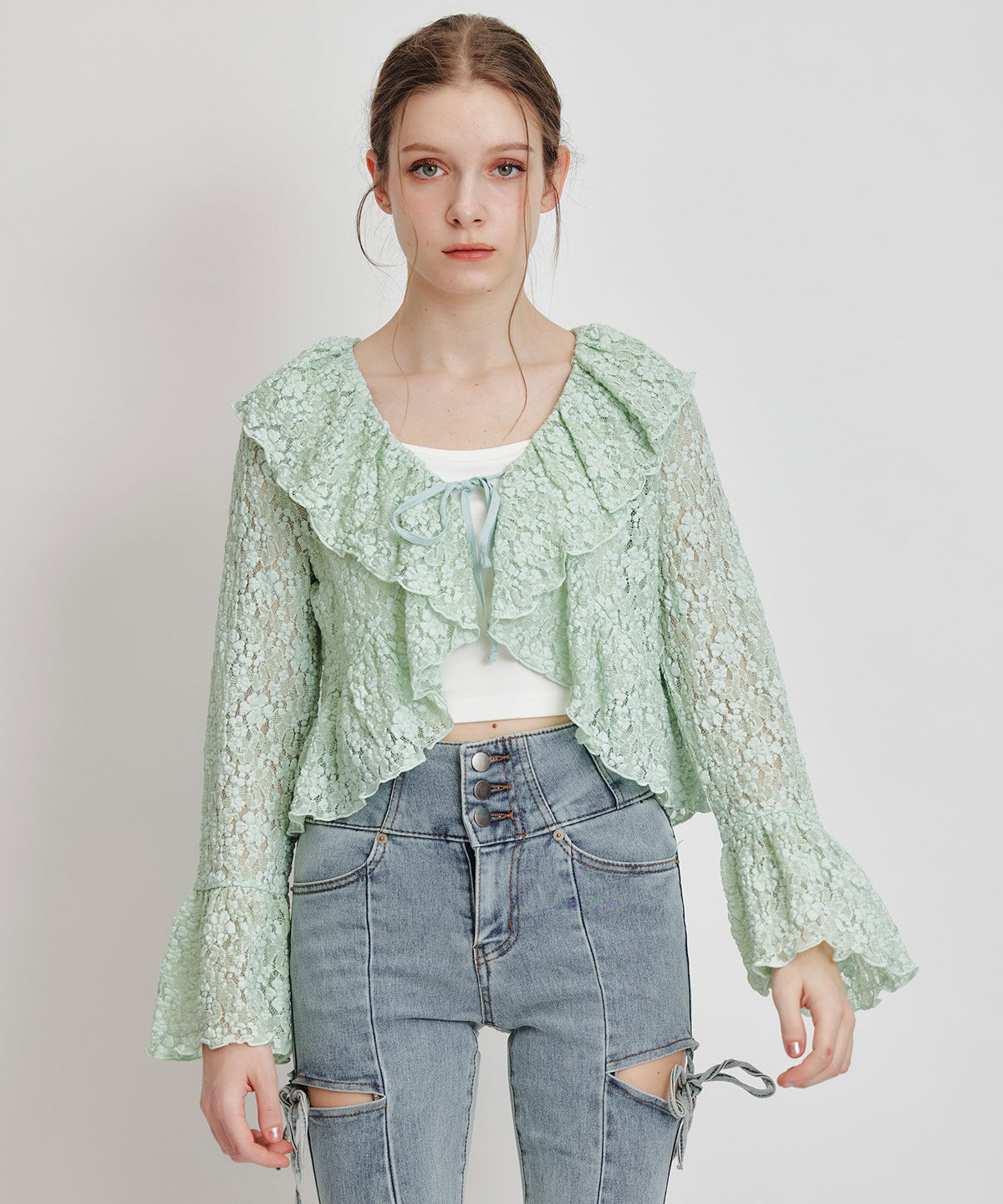 REDYAZEL「レースフリルカラーショートカーディガン」|カーディガン|