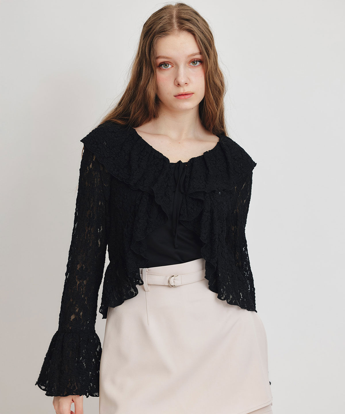 REDYAZEL「レースフリルカラーショートカーディガン」|カーディガン|ブラック