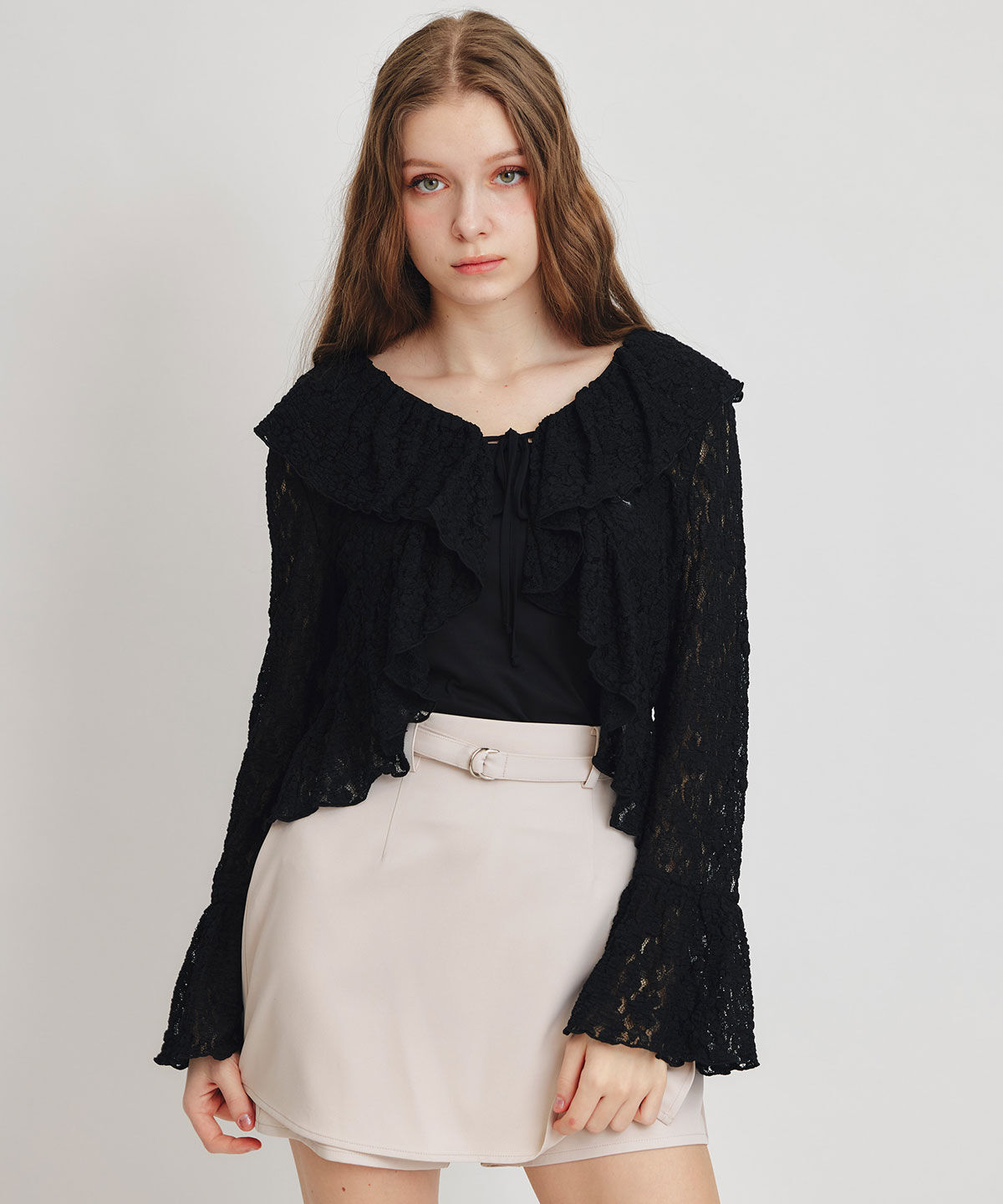 REDYAZEL「レースフリルカラーショートカーディガン」|カーディガン|